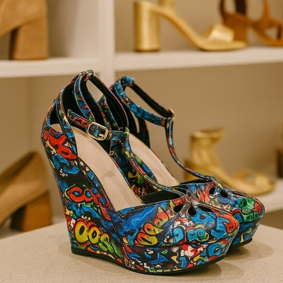 Rogue Helium Shoes - Rogue Helium Graffiti Wedge Heels Size 9 Y2K Punk Emo Street Art